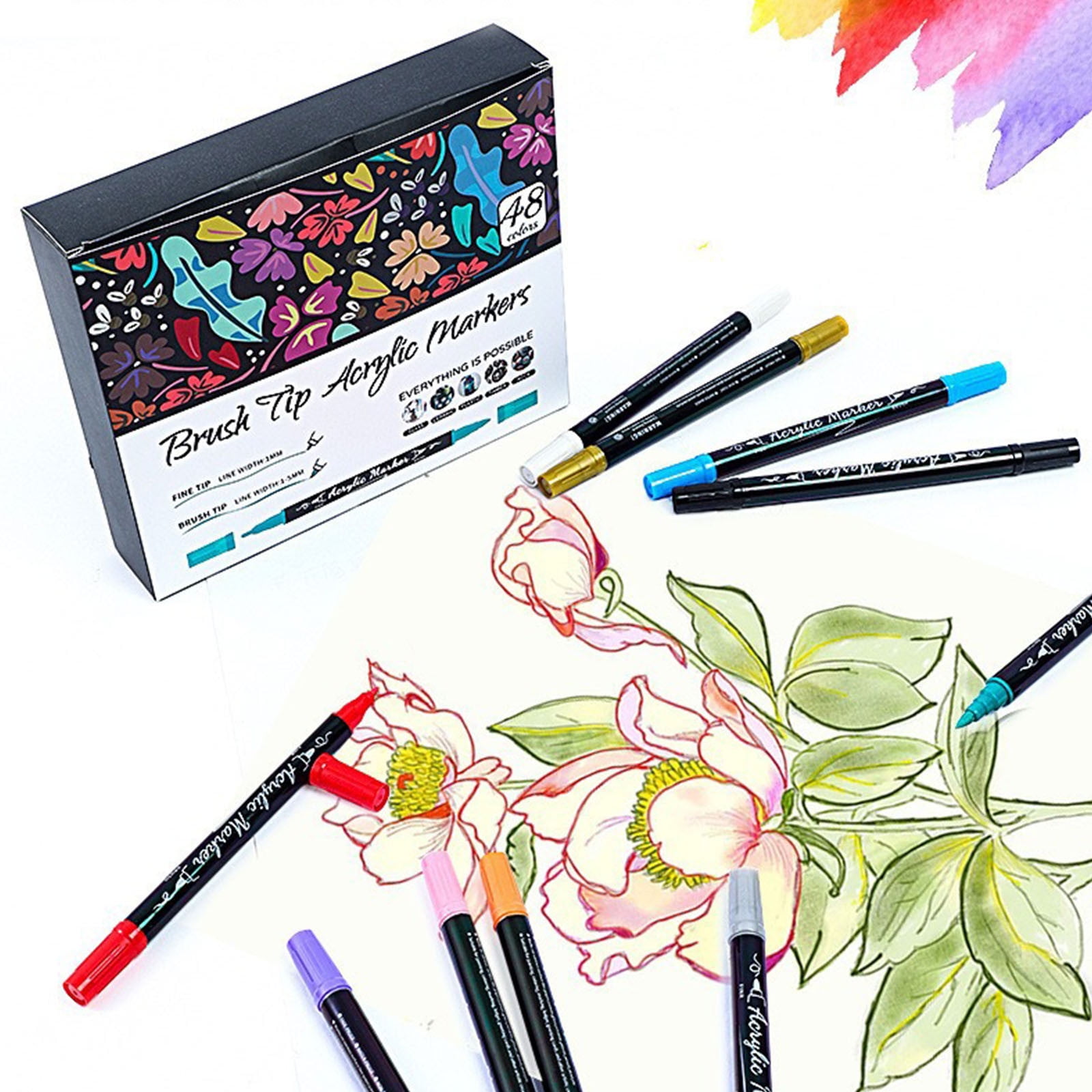 Acrylic Paint Markers 24 Colors Waterproof Opaque Dual Brush Tip Pens for Nail Art DIY Crafts Painting Lettering on Various Surfaces