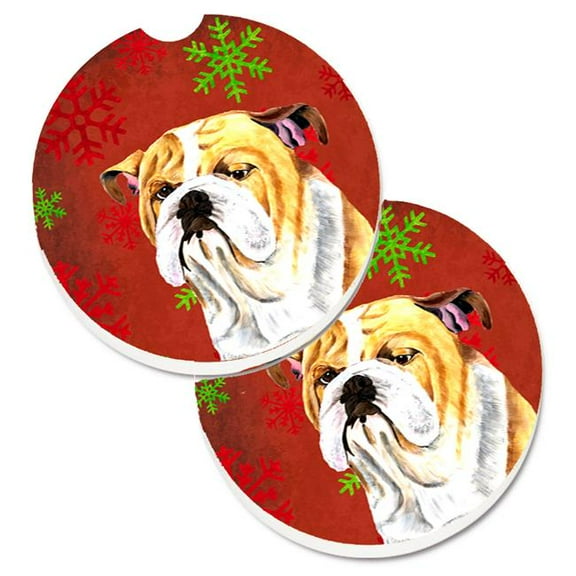 Bulldog English Red & Green Snowflakes Holiday Christmas Set of 2 Cup Holder Car Coaster