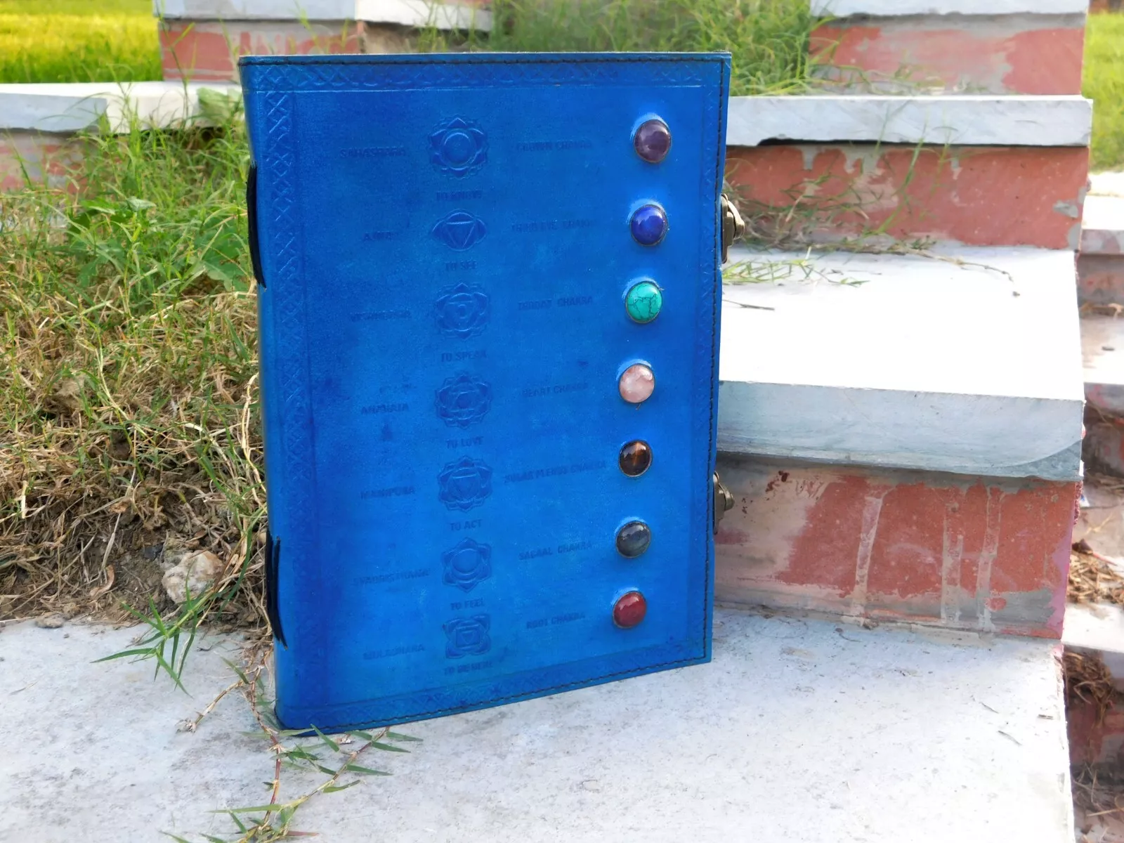 Handcrafted Embossed Design Vintage Leather Bound Journal Seven Chakra Stone with Symbol Diary Blank Notebook For Men & Women