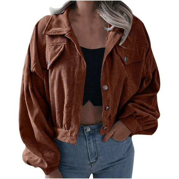 tklpehg Winter Jackets For Women Button Short Coats Leisure Long Sleeve Loose Fall Coat Overcoat Solid Color Outwear Brown XL