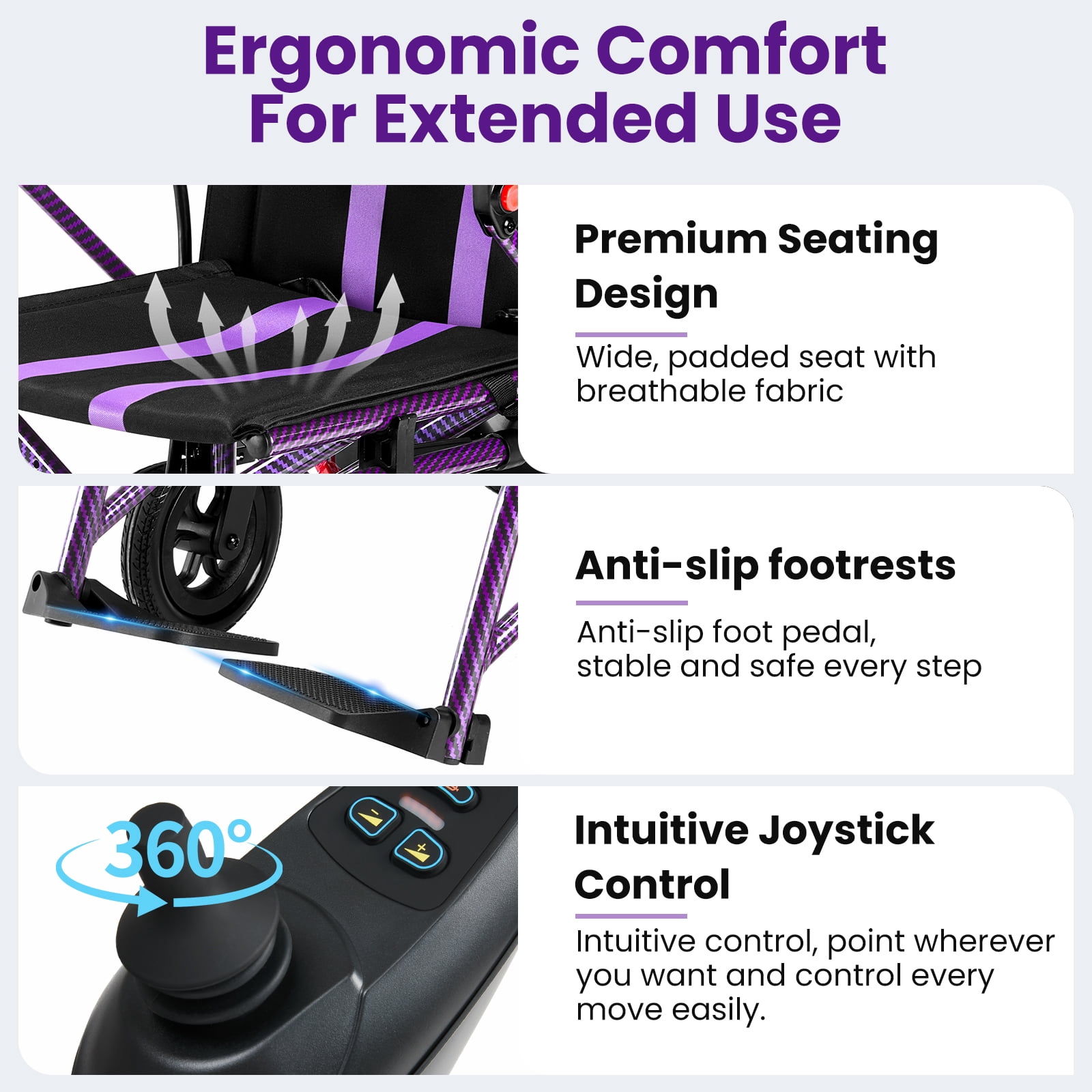 Upgrade 20+ Miles Range Electric Wheelchairs for Adults,Arshin Electric Wheelchair Lightweight Foldable with 360°Joystick,All Terrain Dual Motors Silent,USB Port,286+ lbs Capacity(Purple)