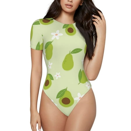 Gaeub Avocado With Leaf And Flower Print Women s Short Sleeve One Piece Swimsuit Sexy High-Waisted Bodysuit Bathing Suit for Swimming  Beach  Sports-XX-Large