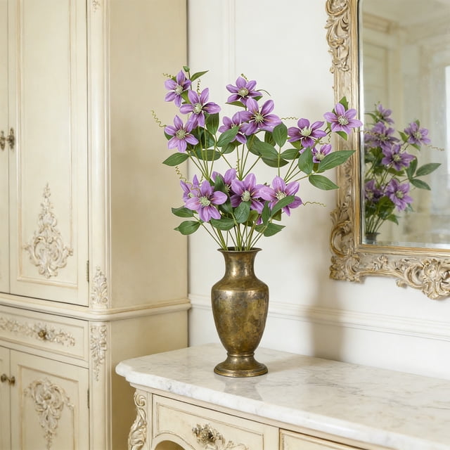 Decoración del hogar, decoración de habitaciones, decoración de paredes, flores artificiales de clemátide, decoración del hogar, arreglo floral de clemátide artificial para sala de estar, mesa de come