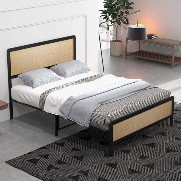 Queen Bed Frames with Rattan Headboard & Footboard – Platform Bed with Rounded Corners, Metal Slat Support, No Box Spring Needed, Noise-Free