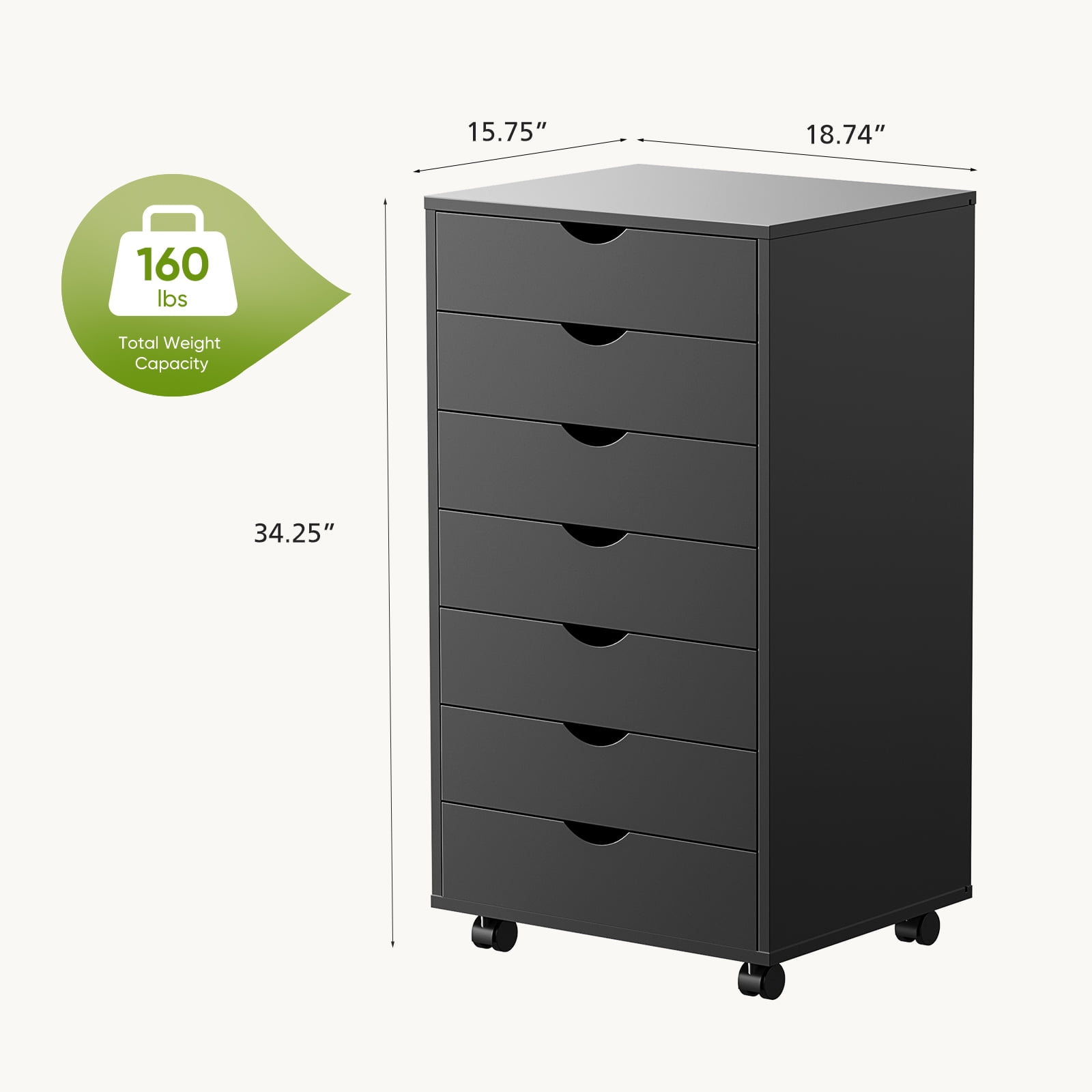 EDX 7 Drawer Chest File Cabinet, Mobile Storage Organizer Wood Dresser Printer Stand for Home Office, Black