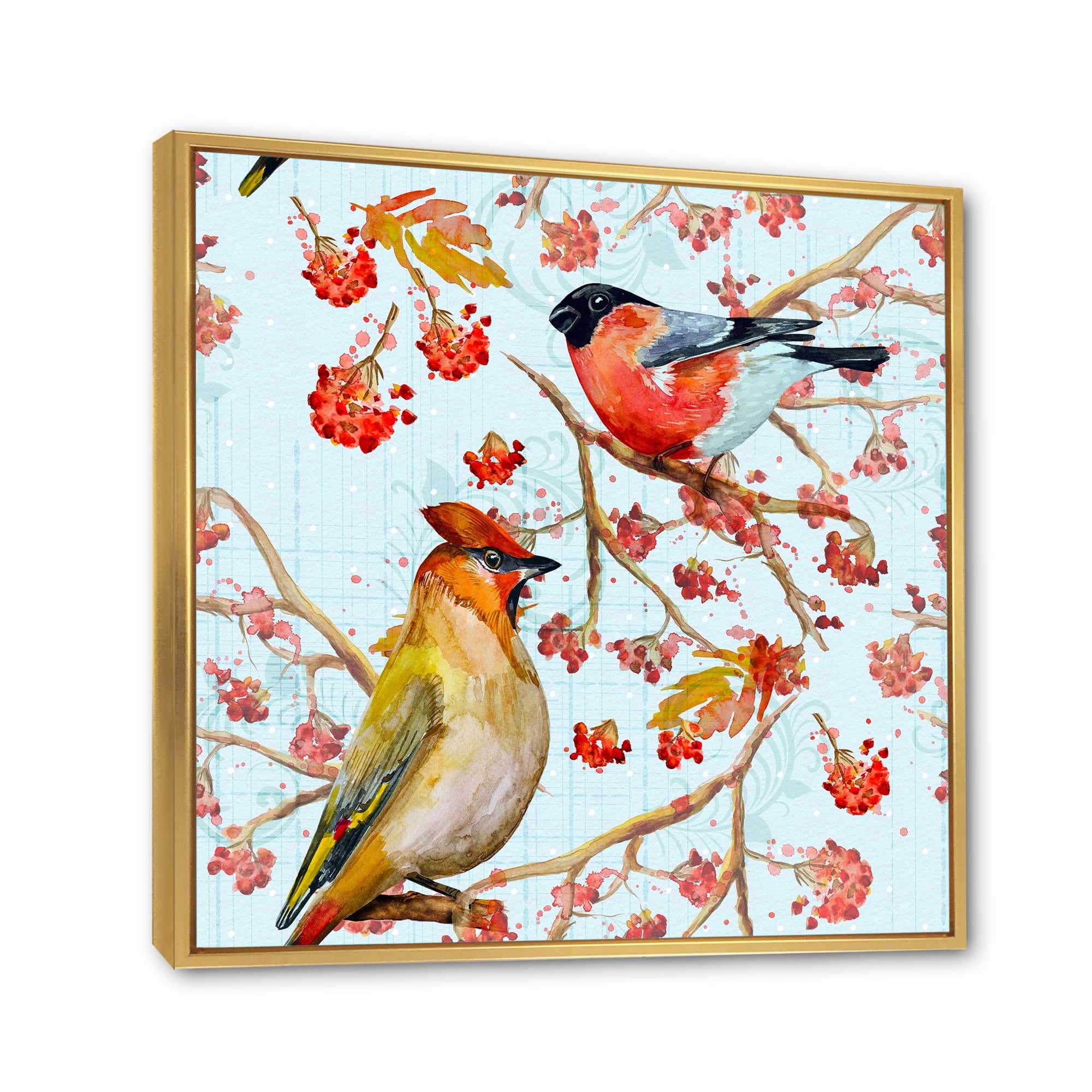 Designart 'Two Birds Sitting On Branches During Autumn' Traditional Framed Canvas Wall Art Print