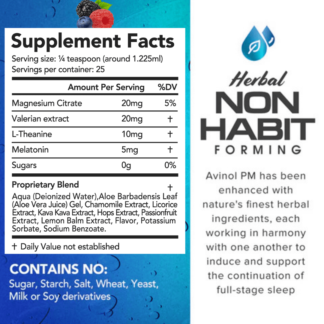 Avinol PM Sleep Drops – Natural Liquid Sleep Aid with Melatonin and Herbal Extracts – Berry Flavor – 2 fl oz