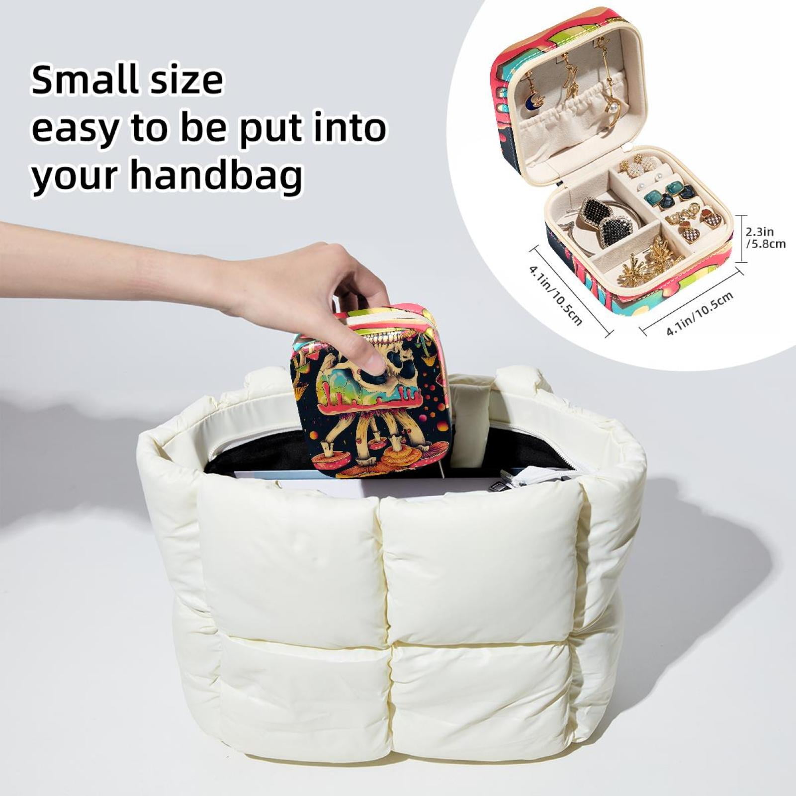 PhooArto Small Jewellery Box, Mystical Skull Mushrooms Portable Travel Mini Jewelry Case for Women Leather Ring Organizer