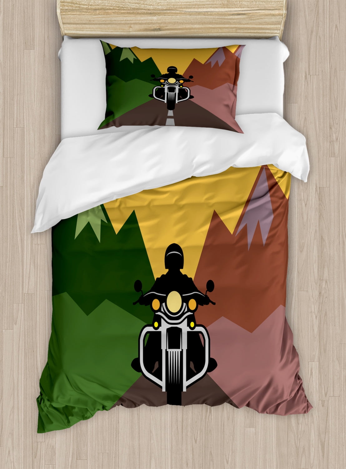 Motorcycle Duvet Cover Set Twin Size, Rider Adventure in the Mountains
