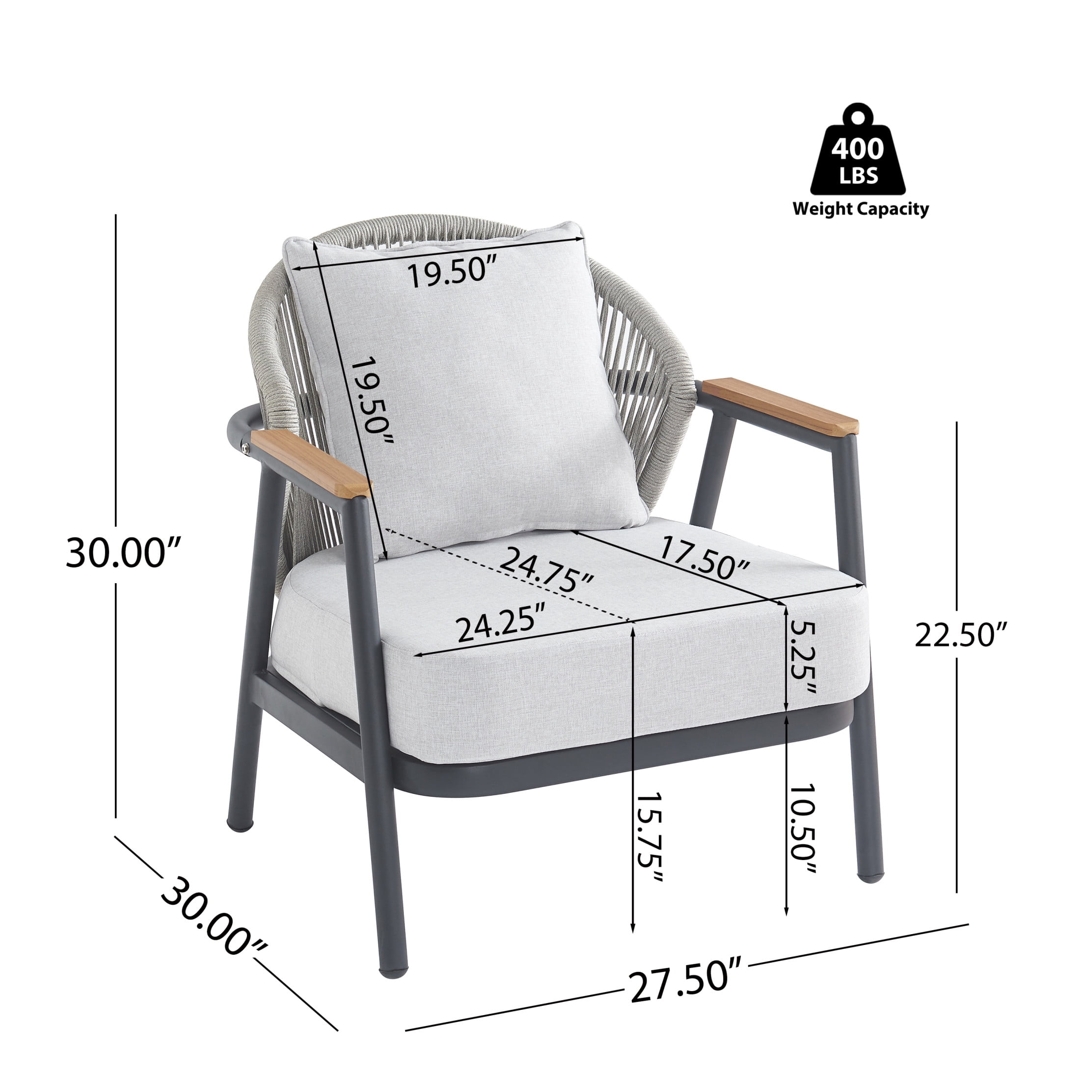 Christopher Knight Home Outdoor Iron Lounge Chair with Rope Backrest, Faux Wood Armrests, Black+Gray