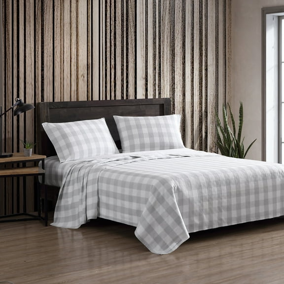 Eddie Bauer Lakehouse Plaid Grey Cotton Flannel Queen Sheet Set