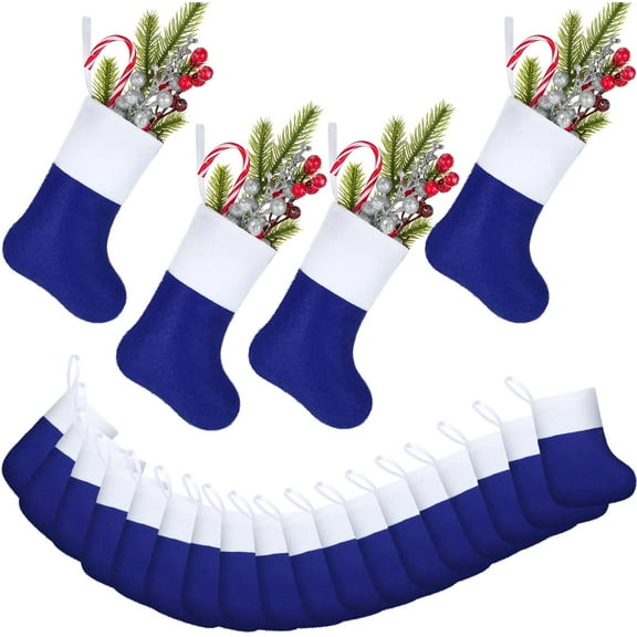 24 Pcs 7.5 Inches Mini Christmas Stockings Classic Felt Christmas Hanging Ornament with White Cuff Xmas Stockings Holders Rustic for Gift Card Candy Tree Family Holiday Decor (Blue and White)