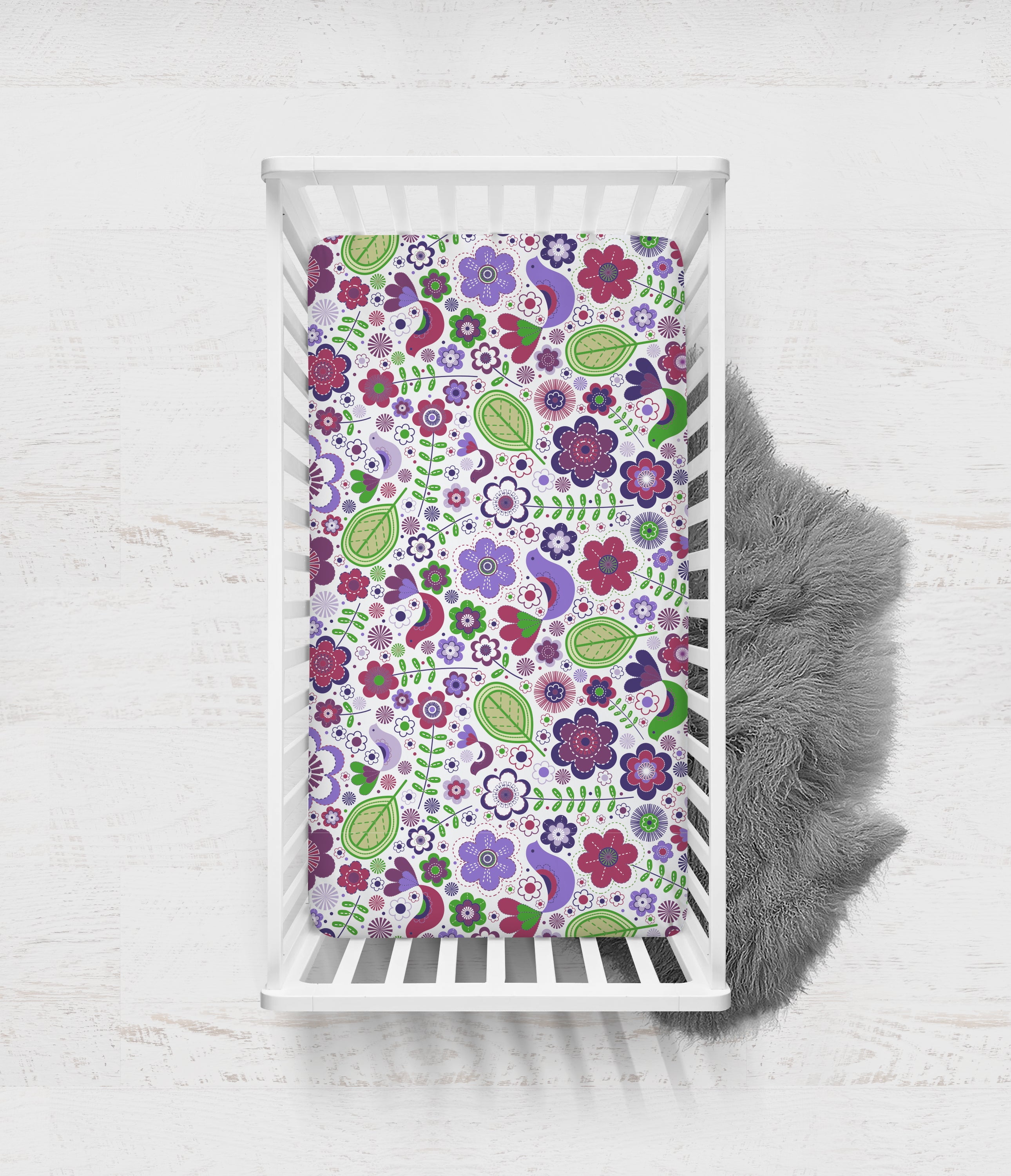 Bacati - Crib or Toddler Bed Fitted Sheet 100% Cotton Percale, Botanical, Purple/Lilac/Green/Plum