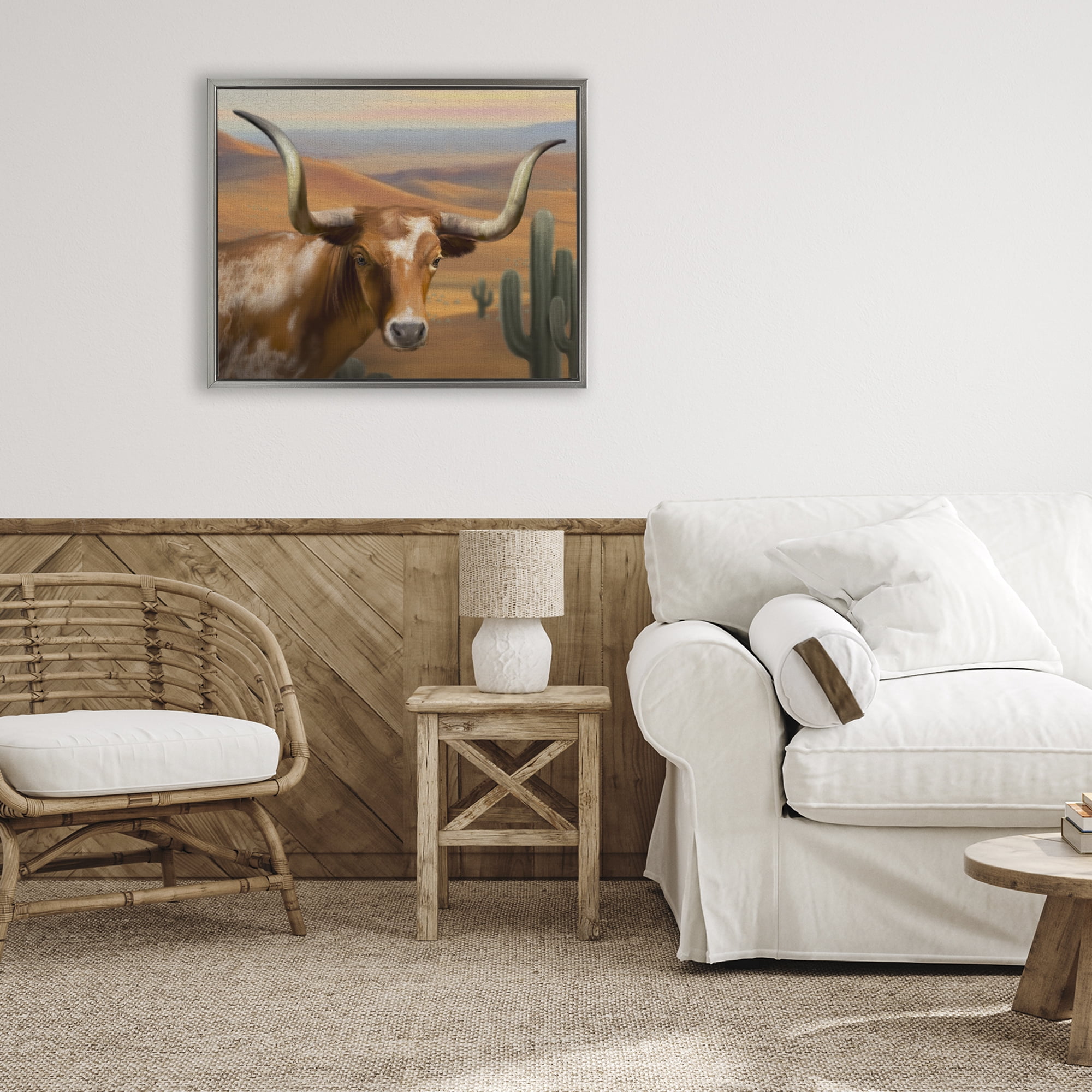 Stupell Industries Longhorn Western Landscape Gray Framed Floater Canvas Wall Art, design by Matthew Piotrowicz