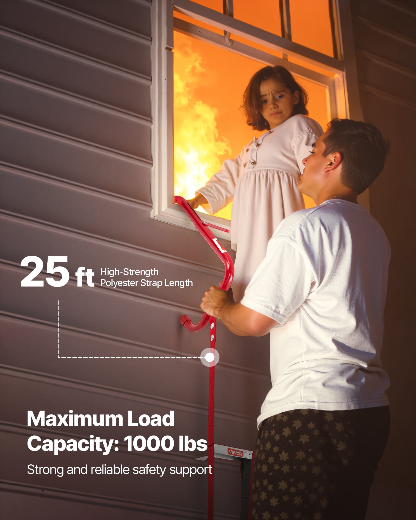 VEVOR Fire Escape Ladder, 3-Story 25FT Retractable Emergency Fire Ladder, Lightweight Aluminum Alloy Safety Escape Ladders with Sturdy Polyester Strap,Anti-Slip Rung & Wide Steps,1000LBS Max Loading