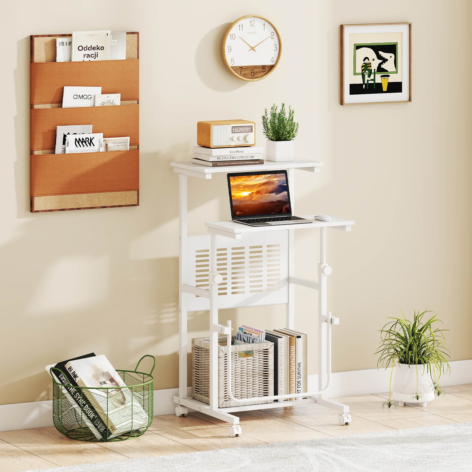 Costway Mobile Stand Up Desk Height Adjustable Computer Standing Desk with wheels &Footrest,White