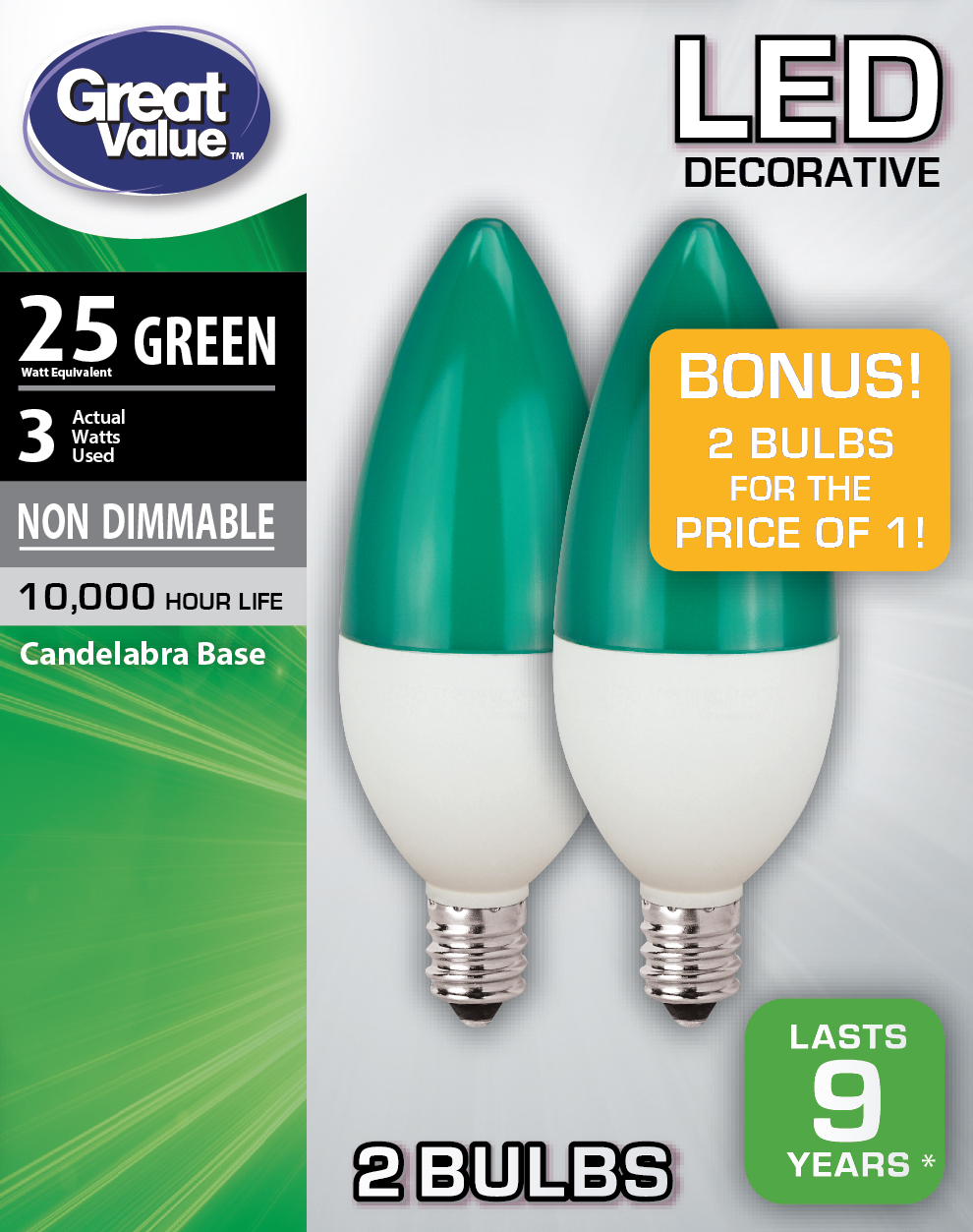 Great Value Led Light Bulb 3w 25w Equivalent B11 Decorative Lamp Great Value Led Light Bulb 3w 25w Equivalent B11 Decorative Lamp E12 Candelabra Base Non Dimmable Green 2 Pack