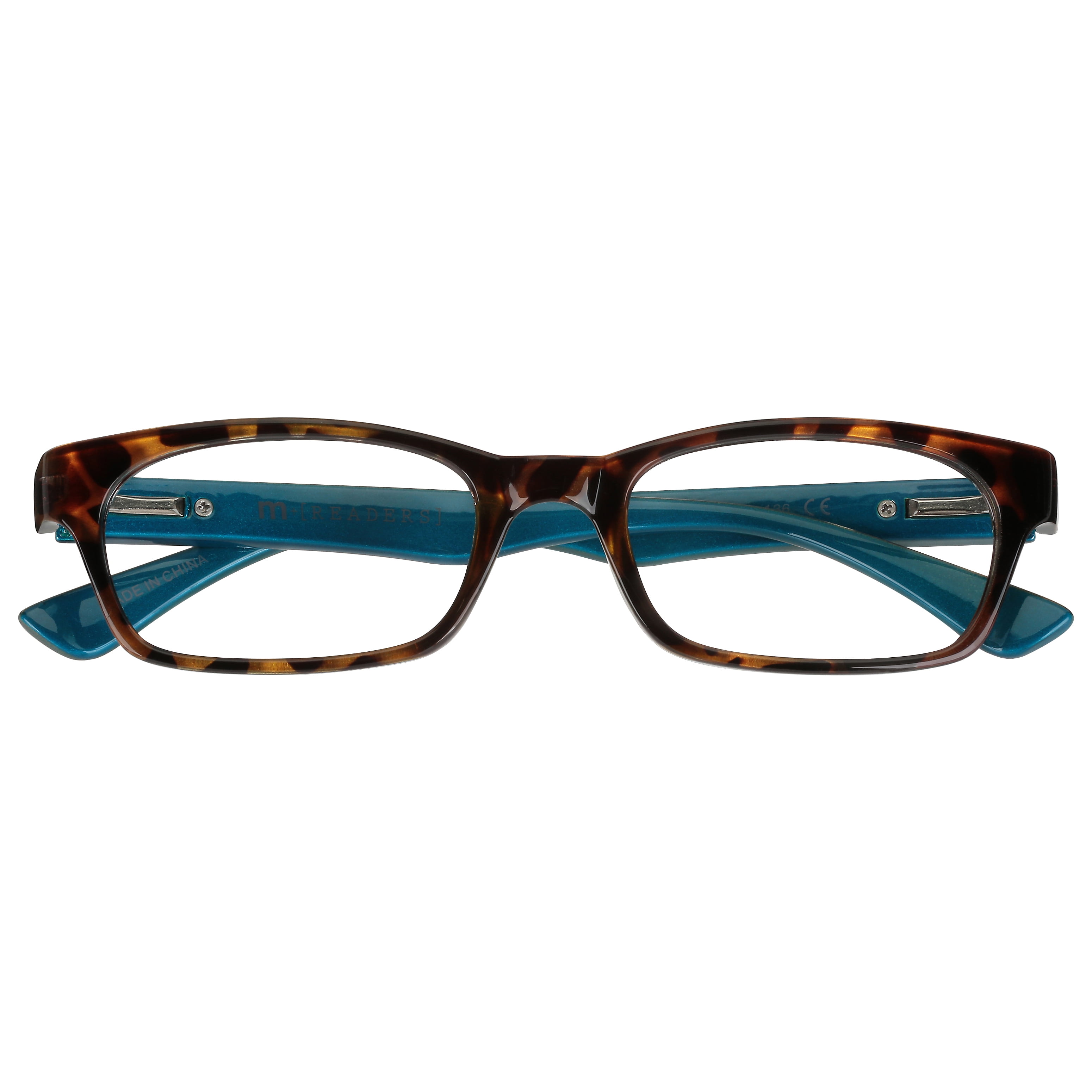 M+ Womens Rectangular Plastic Reading Glasses 3.25 Colleen in Tortoise with Teal Inner Color