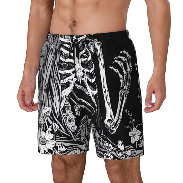 Fotbe Gothic Skull Floral Art Traje de Baño para Hombre – Shorts de Natación de Secado Rápido con Forro y Bolsillos-Small