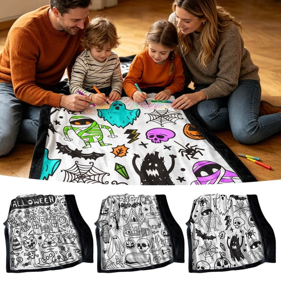 Halloween DIY Coloring Blanket, Soft Sherpa Throw for Adults, Reusable Doodle Art Blanket, Cozy Creative Home Activity Without Markers (Color#1) 33x27x6cm