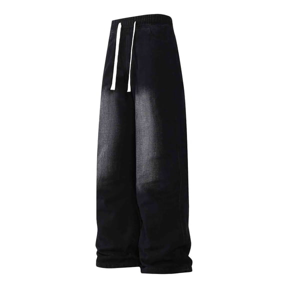 JUUYY Mens Vintage Washed Denim Pants Wide Leg Drawstring Elastic Waist Loose Straight Casual Full Length Jeans Pants with Pocket Black XXXL