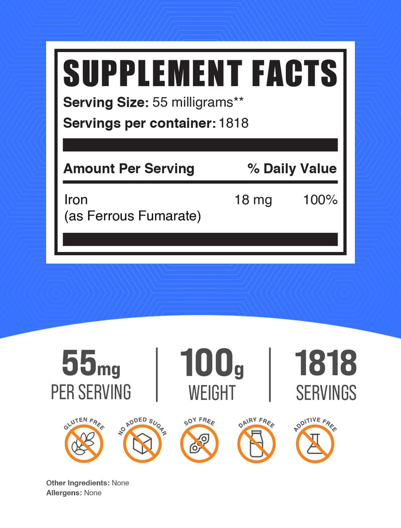BulkSupplements Ferrous Fumarate Powder - 55mg per Serving - 100 Grams (3.5 oz) - 1818 Servings