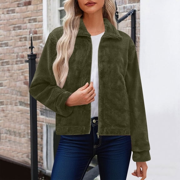ClodeEU Women Cropped Plush Jacket,Long Sleeve Faux Fuzzy Zip Up Jacket Coat With Pockets Army Green,Womens Plus XXL