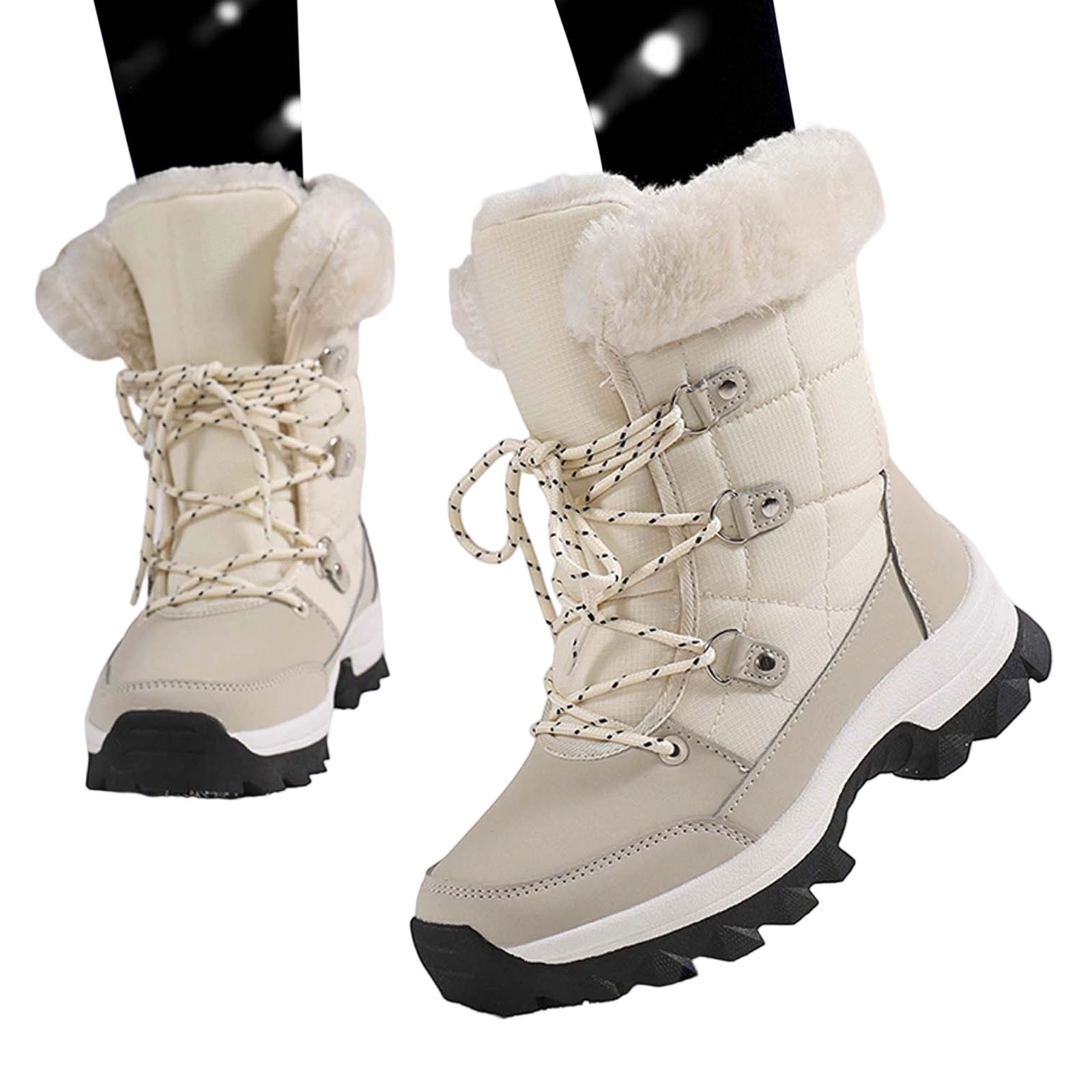 Gyexs Womens Winter Snow Boots Waterproof Shoes Walking Comfortable Hiking Tennis Booties Furry Mid Calf Warm Lightweight Sports Shoes, Beige, Size 6.5
