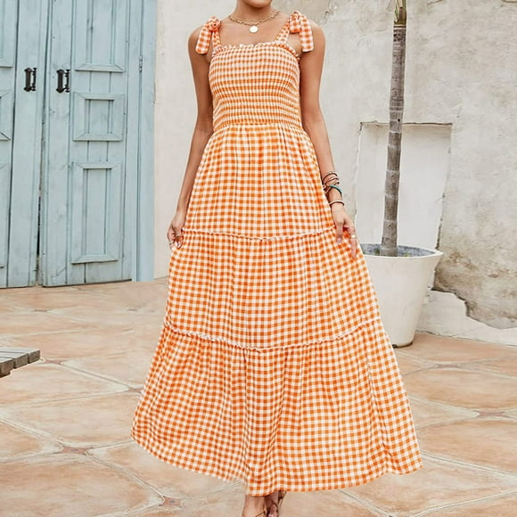 Womens Plaid Maxi Dress Tie Straps Smocked Elastic Tops Tiered Flowy Gingham Bohemian Casual Summer Sun Dresses