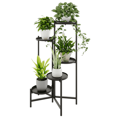 Bamworld 5 Tier Metal Plant Stand for Indoor Outdoor, Foldable Corner Tall Plant Shelf for Multiple Plants, Flower Pot Holder Display Stand for Living Room Balcony Garden Patio (Black)