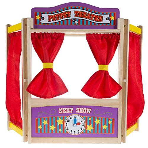 Hey! Play! Wooden Tabletop Puppet Theater with Curtains, Blackboard, and Clock- Inspires Imagination and Creativity for Kids, Boys and Girls