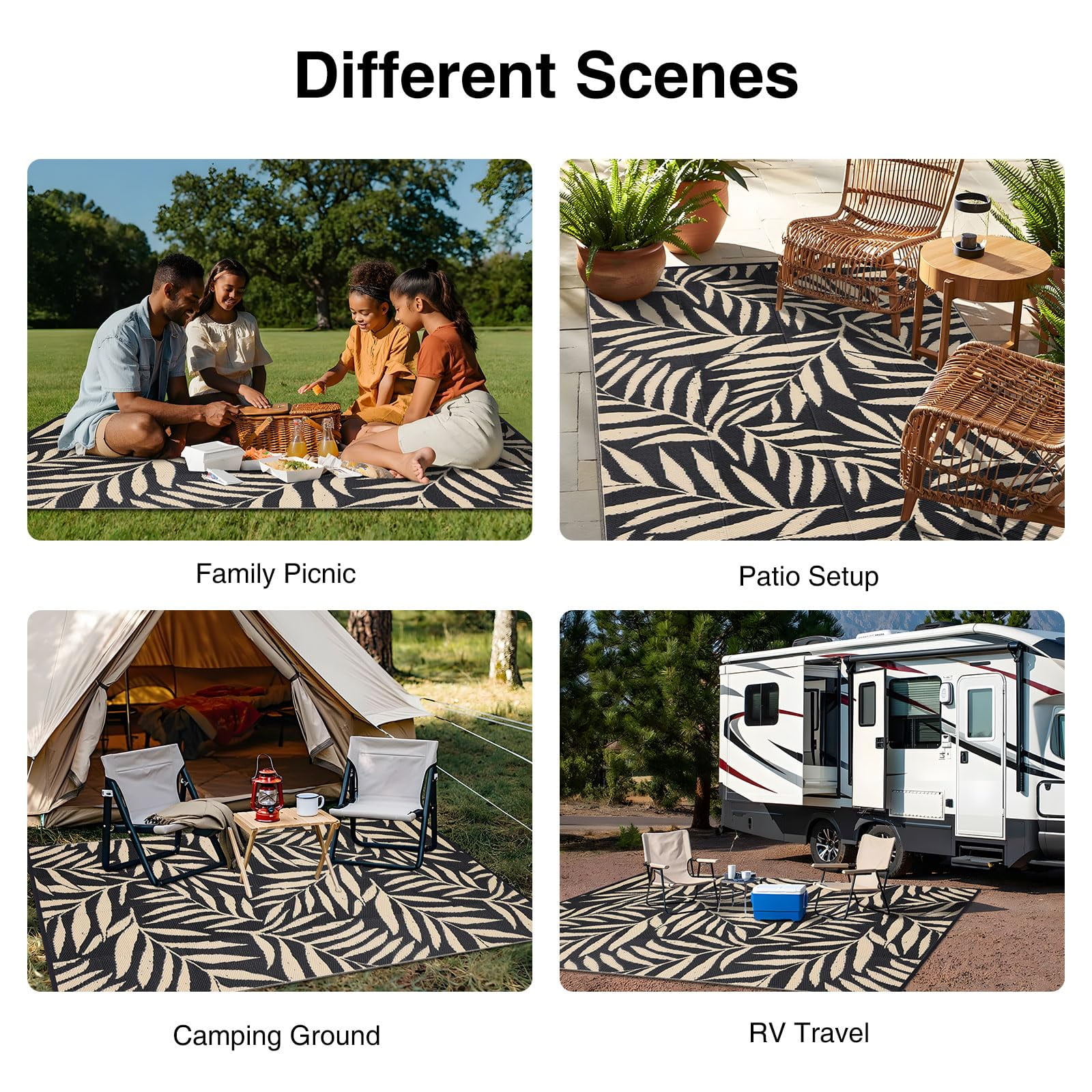 Smiry Outdoor Rugs 5x8, Waterproof Plastic Straw Indoor Outdoor Mat for Patio, RV Camping, Deck,Porch, Black & Beige