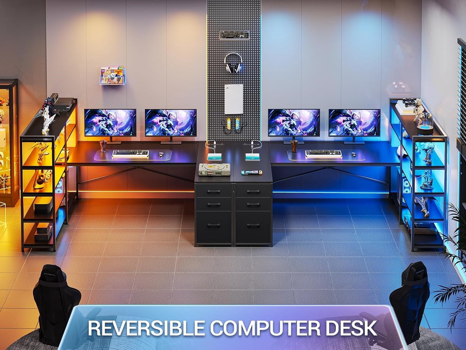 Black Computer Desk with Drawers, 64.5" Reversible Office Desk with Fabric File Drawer, Corner Computer Desk with Power Outlet & LED Strip and Storage Bookshelf