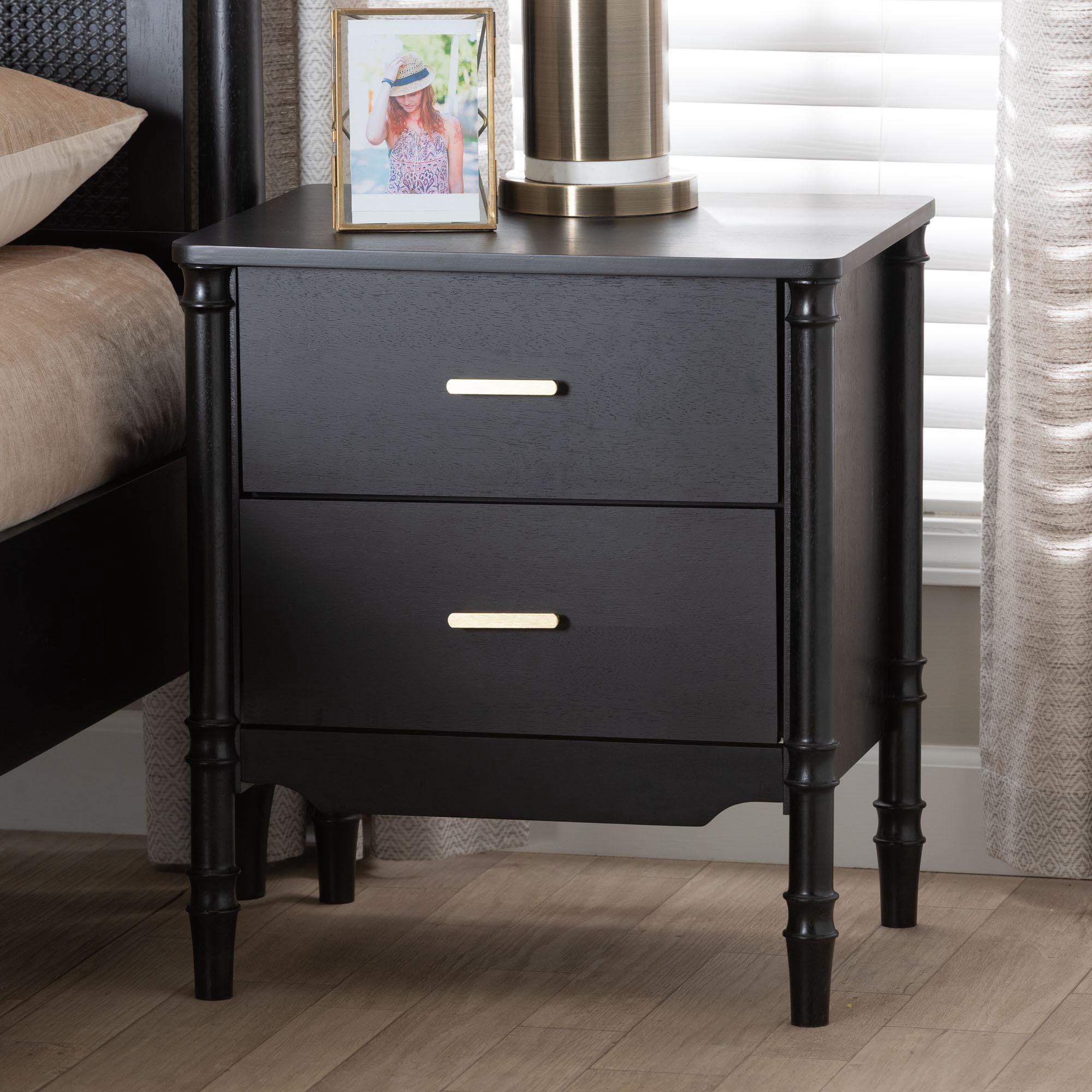 Baxton Studio Marisela Mid-Century Nightstand, 2-Drawer, Black