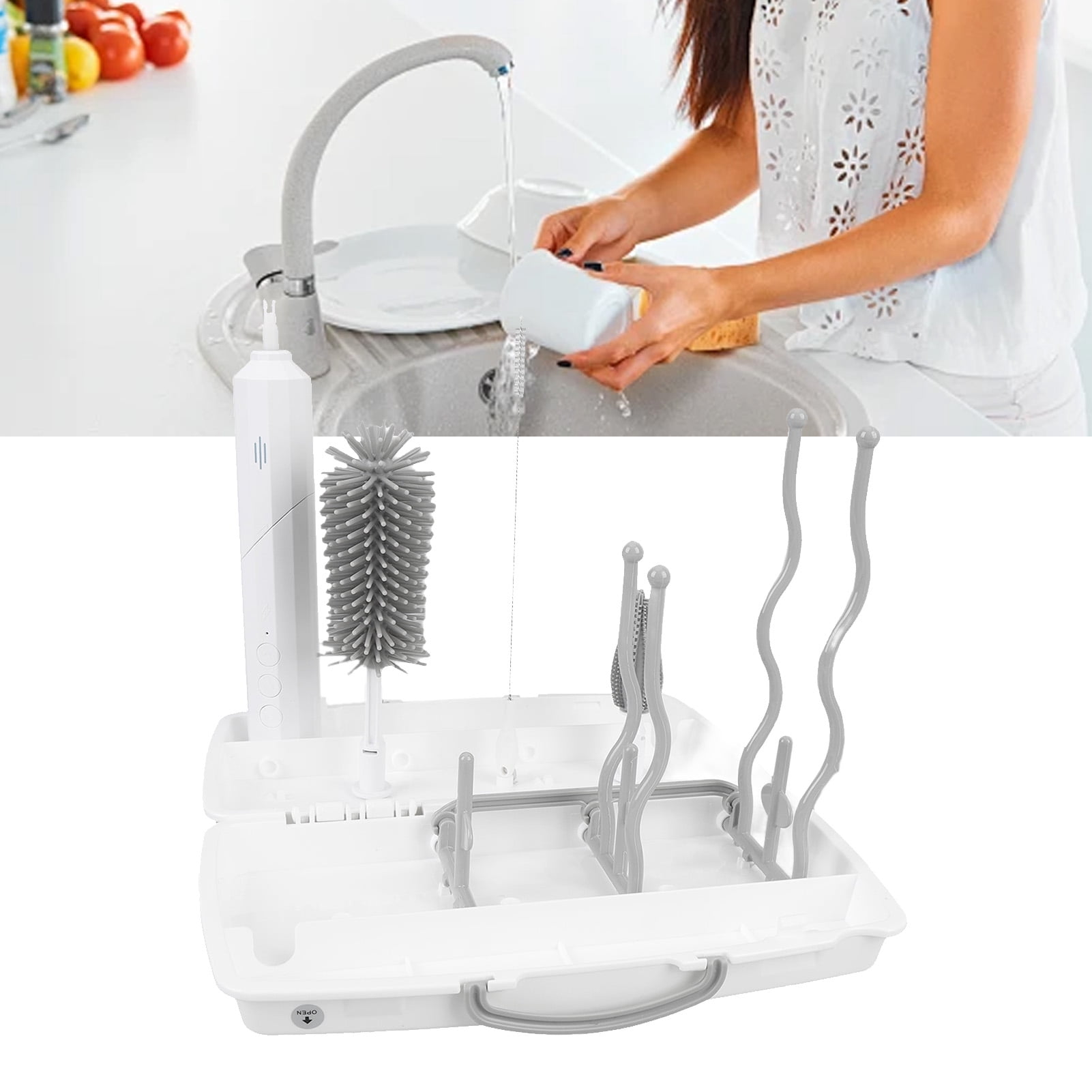Rupoun Electric Bottle Brush Set, 3 Speeds, 2 Replaceable Heads, Rechargeable Cleaning Brush with Drying Rack, White, 9.84 inches / 25 cm