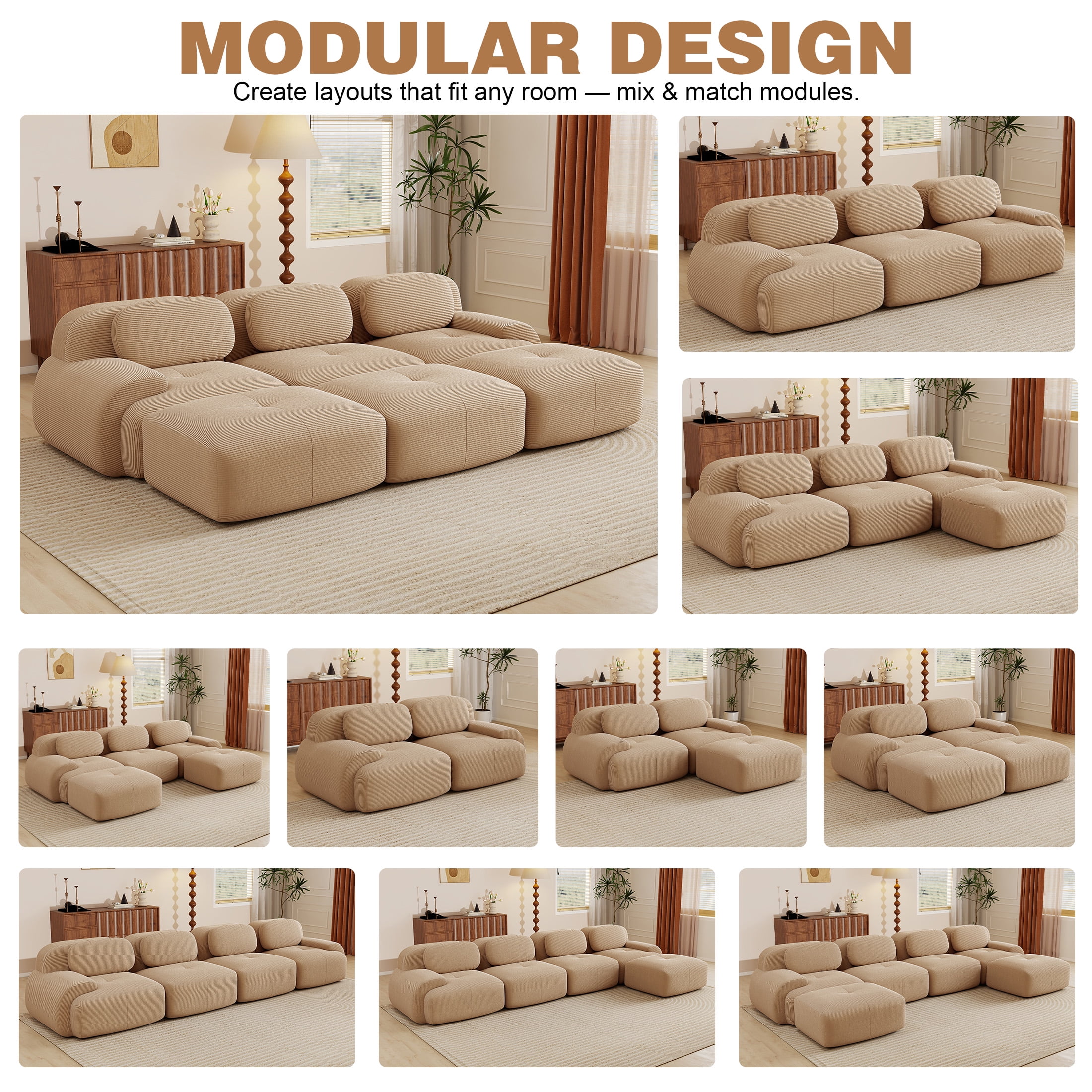 Aukfa 118" Modular Sectional Sofa w/ Ottoman, Oversized Living Room Couch, Corduroy, No Assembly, Coffee