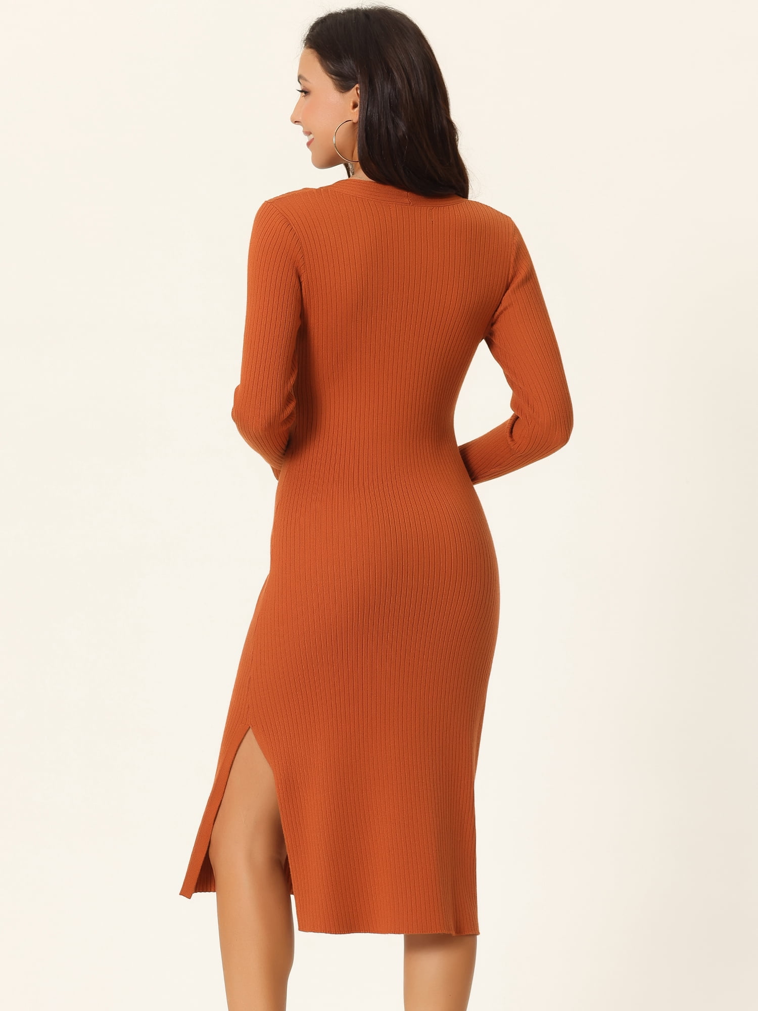 Unique Bargains Women's Sweetheart Neck Knit Side Slit Twist Front Midi Sweater Dress L Brick Red
