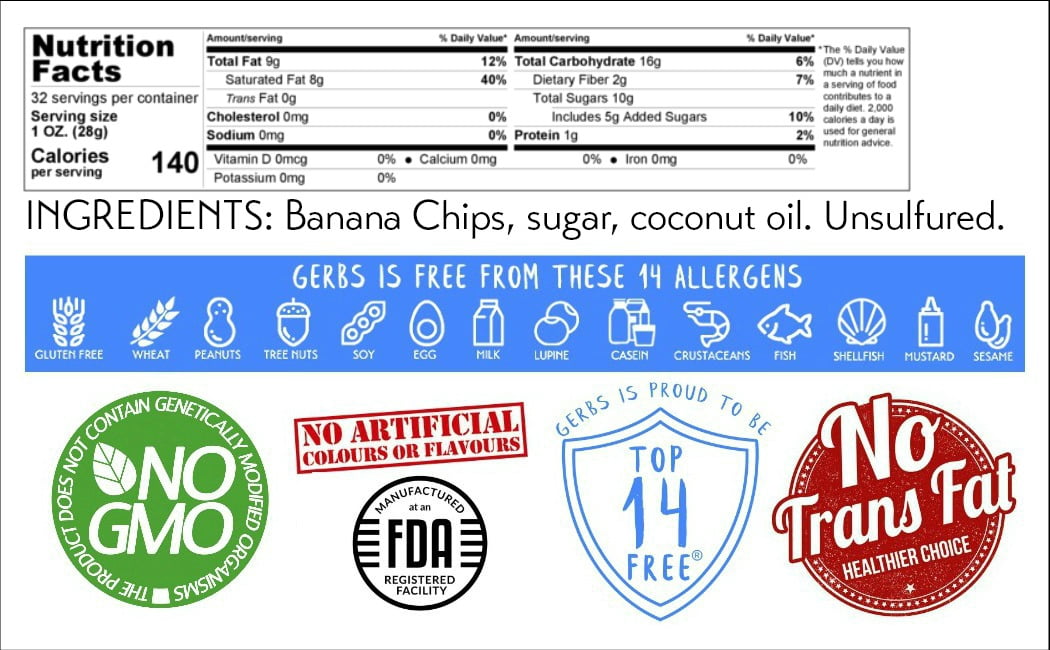 Banana Chips by Gerbs - 2 LBS - Sweetened - Unsulfured - Top 14 Food Allergen Free & NON GMO