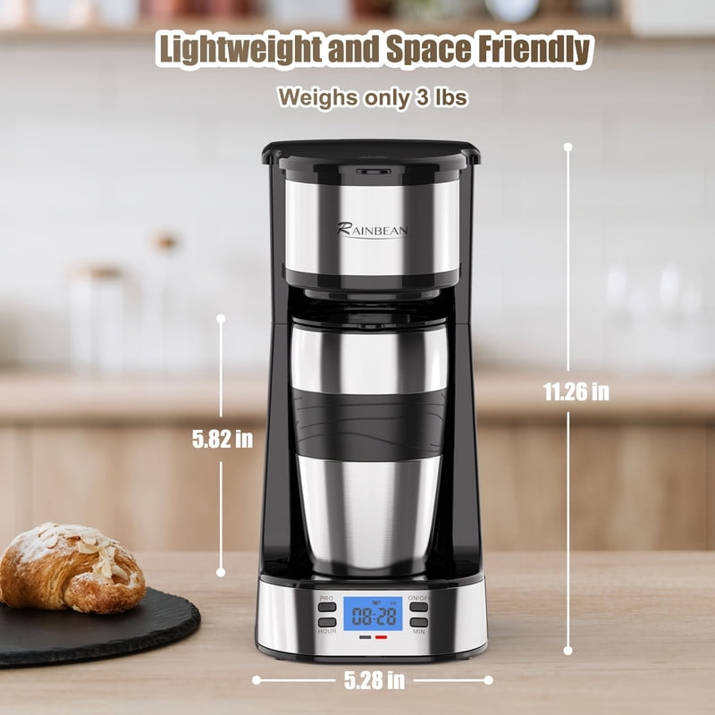 Programmable Coffee Maker with Removable Permanent Filter Basket, Auto Shut-Off, Single-Serve, Lightweight