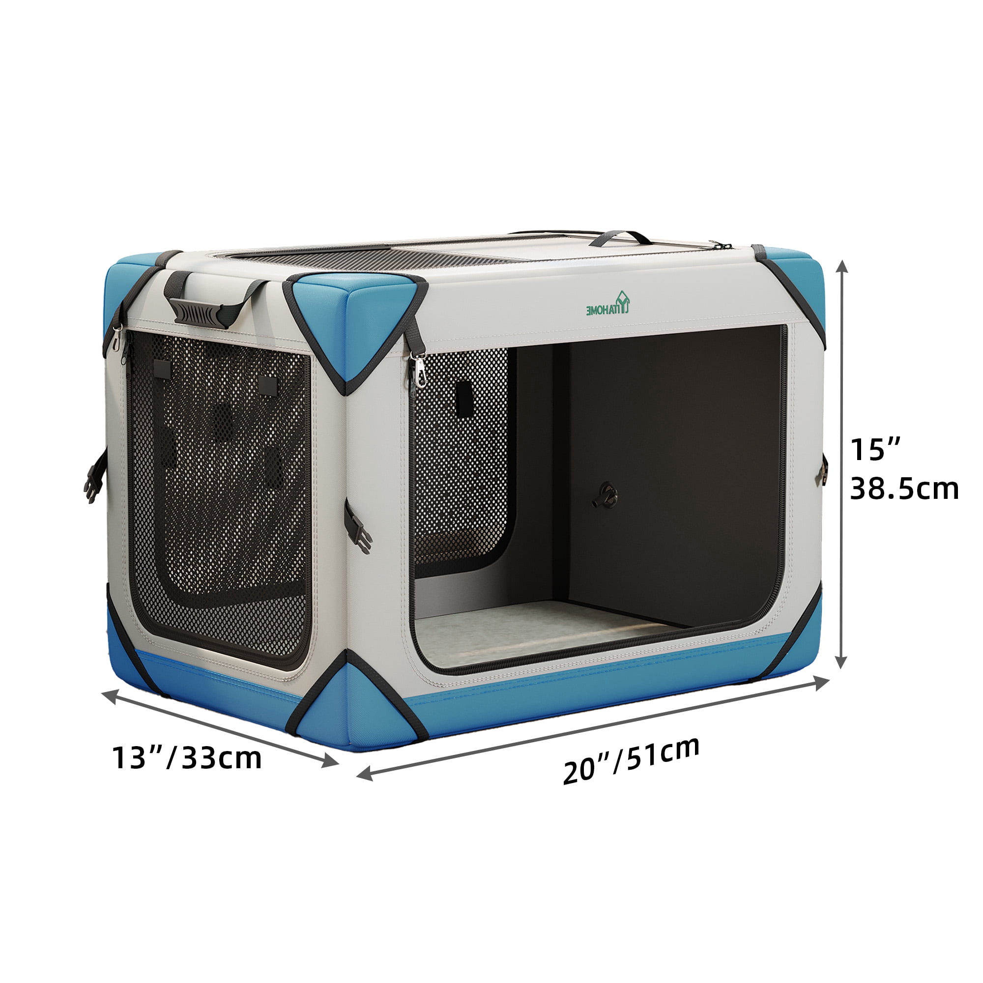 Dextrus Portable Dog Travel Crate, Large Collapsible Pet Carrier with 4 Doors and Sturdy Mesh Windows, Soft Dog Kennel for Indoor and Outdoor Use(20" L x 13" W x 15" H)