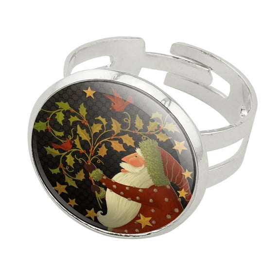 Christmas Holiday Deck the Halls Santa Holly Silver Plated Adjustable Novelty Ring