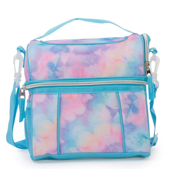 Insulated dome lunch box for kids in pastel tie-dye colors with blue trim, zipper closure, top handle, and adjustable shoulder strap.