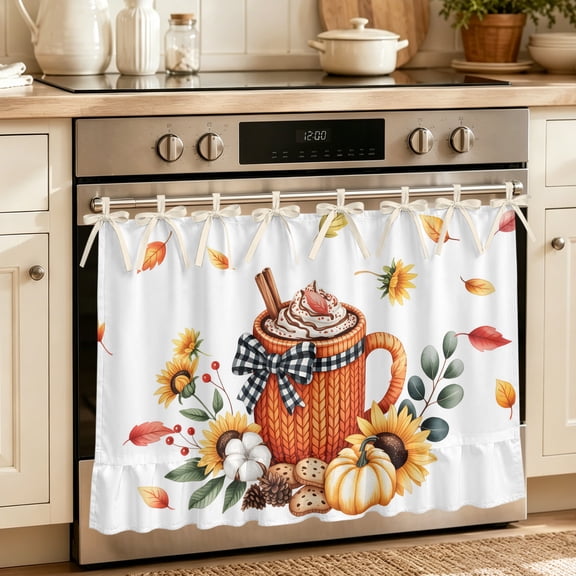 Oven Skirt Curtain for Kitchen 20x27 Inch, Fall Pumpkins Oven Curtain with 8 Ribbon Ties & Ruffle Trim, Stove Skirt Curtain Dishwasher for Cabinets Vintage Coffee Thanksgiving Eucalyptus Flowers