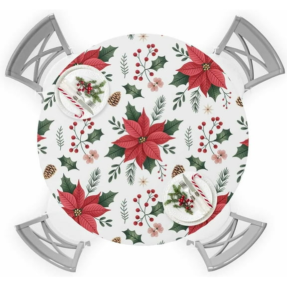 Christmas Round Tablecloth for 45"-54" Tables, Waterproof Outdoor Table Cloths 54 Inch Round Fitted Tablecloth with Elastic, Xmas Poinsettia Flower Winter Watercolor Floral Table Cloth Cover