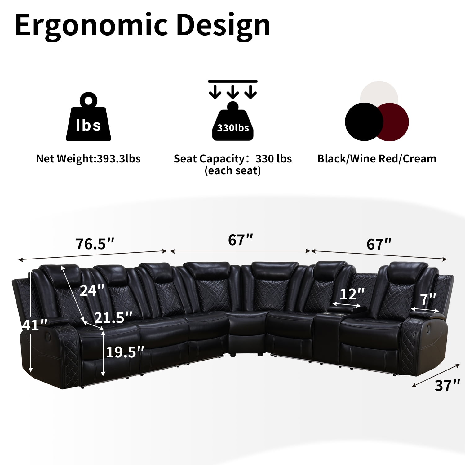 Recliner Sofa Sectional Couches with LED Light for Living Room,Leather Reclining Corner Sectional Sofa with 3 Recliner Seats,Cup Holder,Storage Console for House/Home Theater, Black