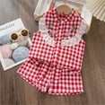 thumbnail image 2 of YuYuBao Toddler Girls Outfits Sets Summer Plaid Print Embroidery Ruffles Tops And Shorts Sets 2 Piece Children Girls Classic Loose Beach Clothing Sets, 5-6 Years, 2 of 8
