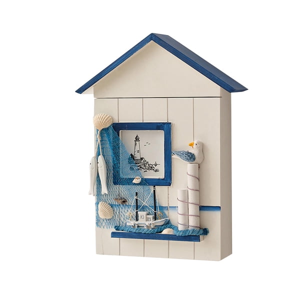 Caja de madera para guardar llaves de pared, 11,6 x 2 x 8,8 pulgadas, con 6 ganchos, temática oceánica Estilo B