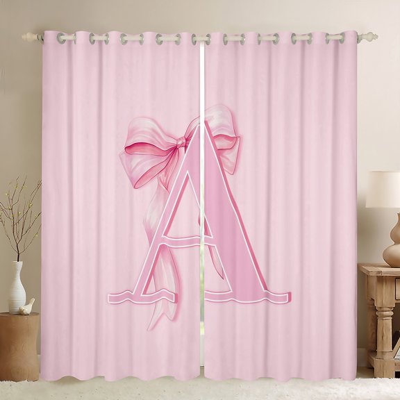 jejeloiu Letter A Monogrammed Black Out Curtains,Cartoon Ribbon Bowtie Curtains Pack of 2 (42x63 Each),Pink Bow Tie Bedroom Curtains For Girls,Microfiber Room Decorative