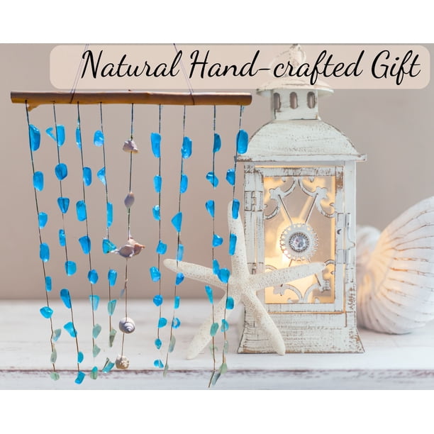 天然石seaglass art ✴︎ゆめのまち Blue Sea Glass Hanging Wind Chimes Wall Art, Handcrafted with