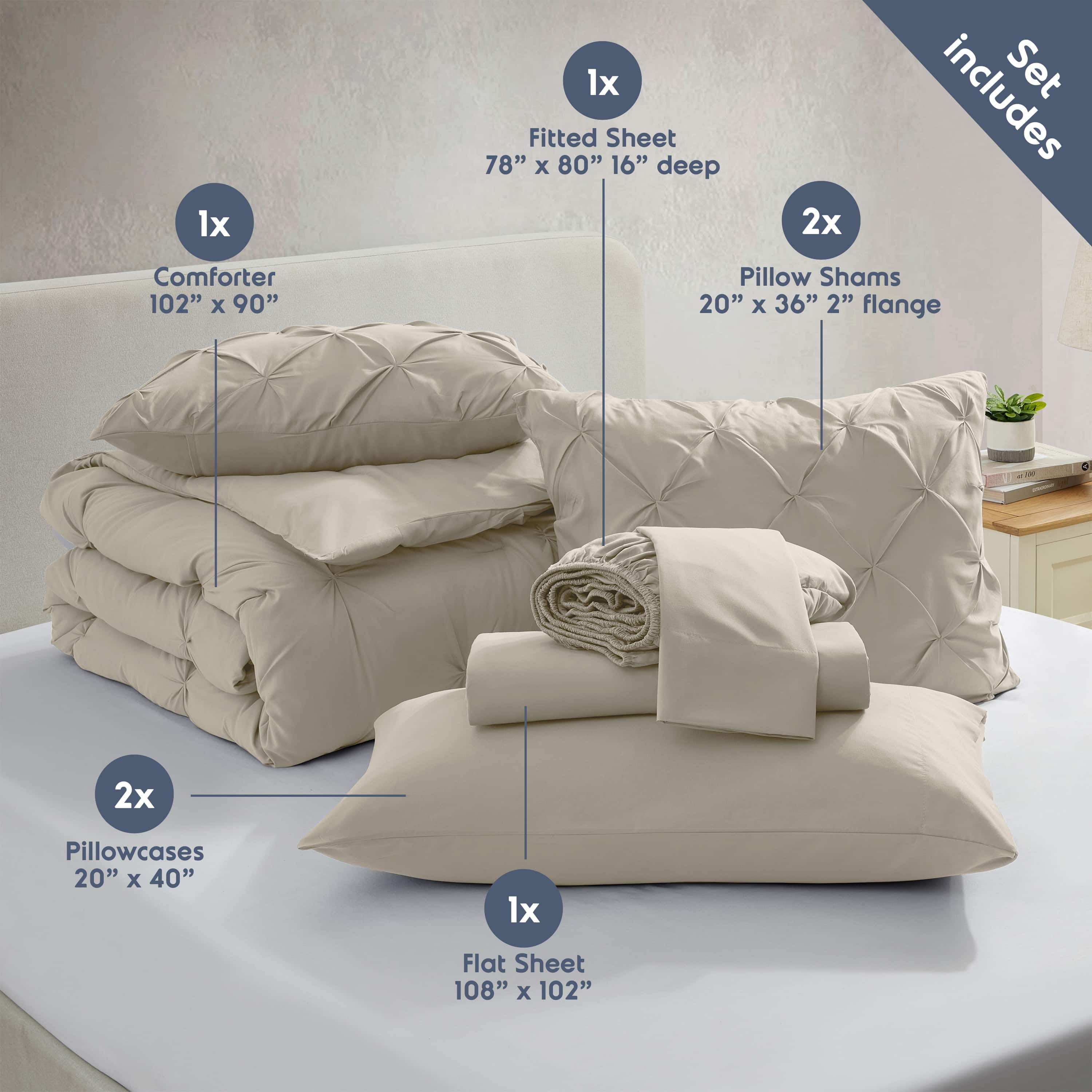 LammaLoe King Size comforter Sets, 7 Piece Bed In A Bag Pintuck Bedding Sets, Beige